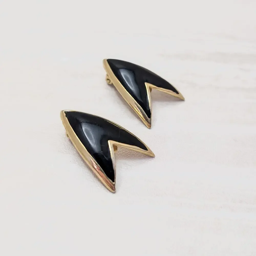 Vintage Clip On Earrings Black & Gold Stylish Retro Statement - Fair Condition
